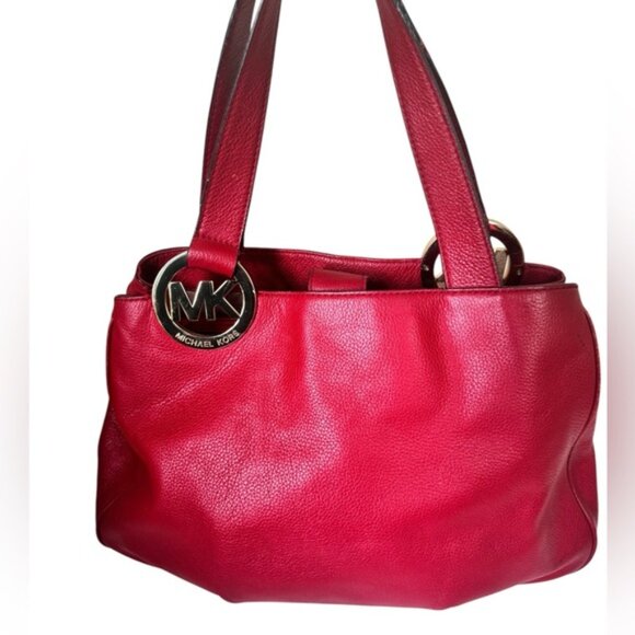 Michael Kors Leather Fulton East West Shoulder Tote Bag Satchel Compartments Red - Picture 5 of 16